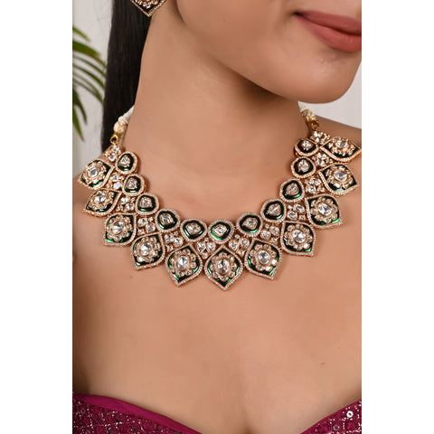 Gold Plated Green Enamel Kundan Bridal Wedding Necklace Set With Earring