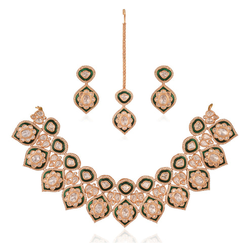 Gold Plated Green Enamel Kundan Bridal Wedding Necklace Set With Earring