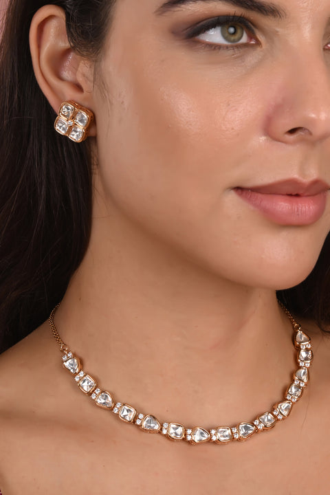 Radiance Gold Plated Kundan CZ Single line Sleek Necklace Set With Earring