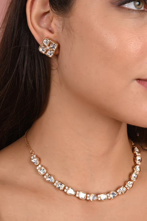 Radiance Gold Plated Kundan CZ Single line Sleek Necklace Set With Earring