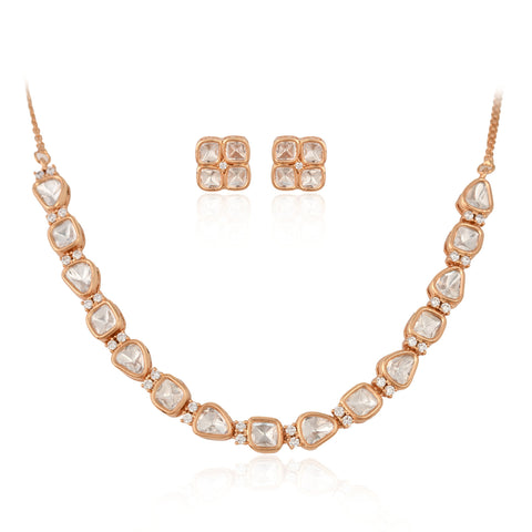 Radiance Gold Plated Kundan CZ Single line Sleek Necklace Set With Earring