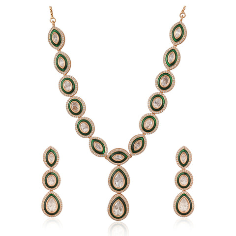 Danica Statement Kundan Green Enamel Drop Necklace Set