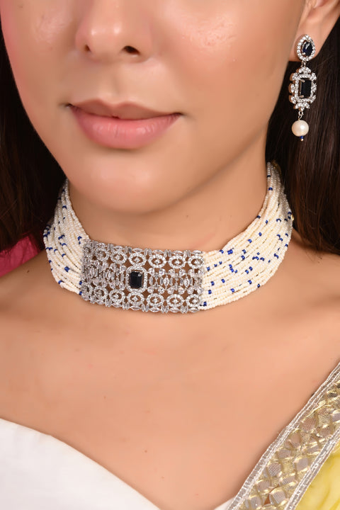 Azalea Bead Pearl CZ Choker Necklace Set