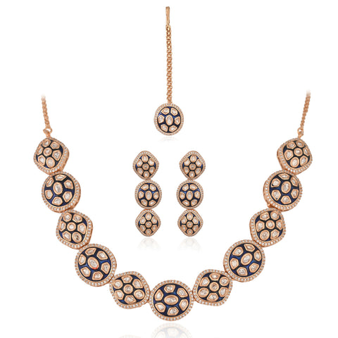 Azba Floral Crescent Enamel Gold Plated Kundan Statement Necklace Set