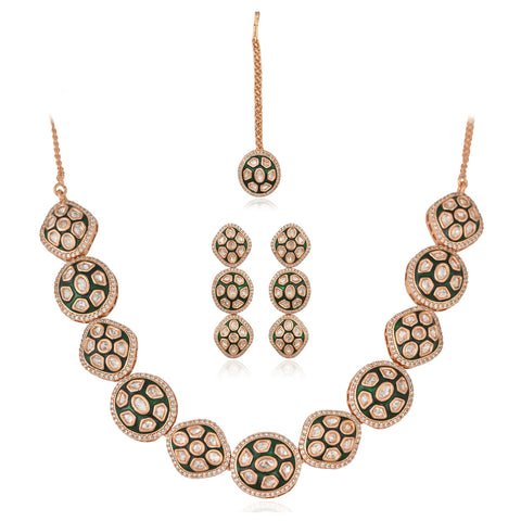 Azba Floral Crescent Enamel Gold Plated Kundan Statement Necklace Set