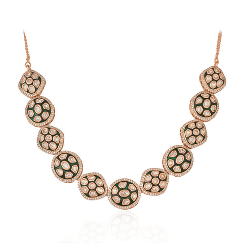 Azba Floral Crescent Enamel Gold Plated Kundan Statement Necklace Set