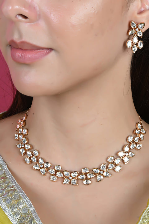 Rose Plated Floral Kundan Wedding Necklace Set With Earring