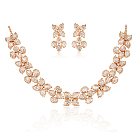 Rose Plated Floral Kundan Wedding Necklace Set With Earring