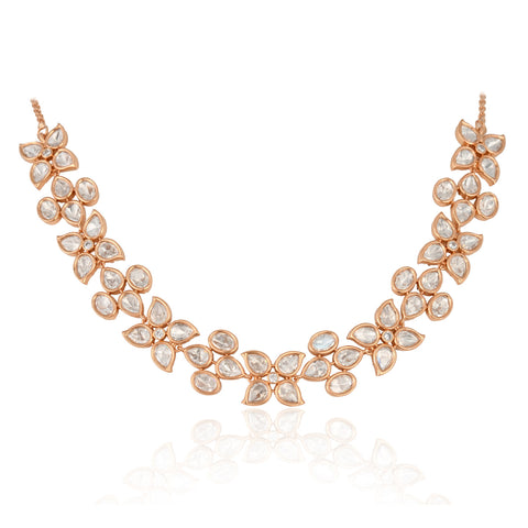 Rose Plated Floral Kundan Wedding Necklace Set With Earring