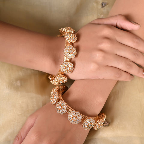 Kundan Diamond CZ Openable Floral Heavy Kada Bangles