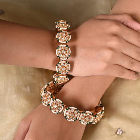 Kundan Diamond CZ Openable Floral Pearl Heavy Kada Bangles