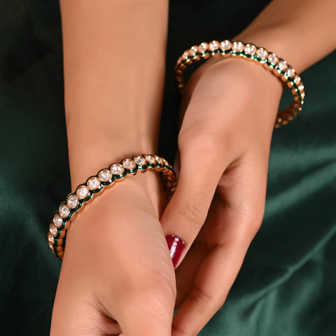 Kundan Diamond CZ Green Enamel Meena Kada Bangles