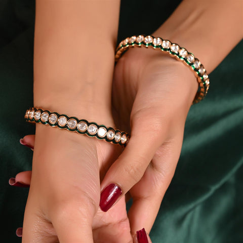Kundan Diamond CZ Green Enamel Meena Kada Bangles
