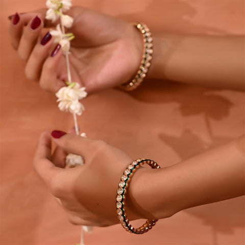 Kundan Diamond CZ Green Enamel Meena Kada Bangles
