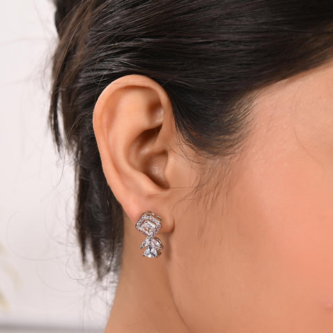 Silver Plated American Diamond CZ Drop Mangalsutra Set With Earring and Chain