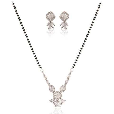 Silver Plated American Diamond CZ Long Drop Mangalsutra Set With Earring and Chain