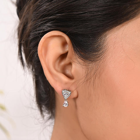 Silver Plated American Diamond CZ Long Drop Mangalsutra Set With Earring and Chain