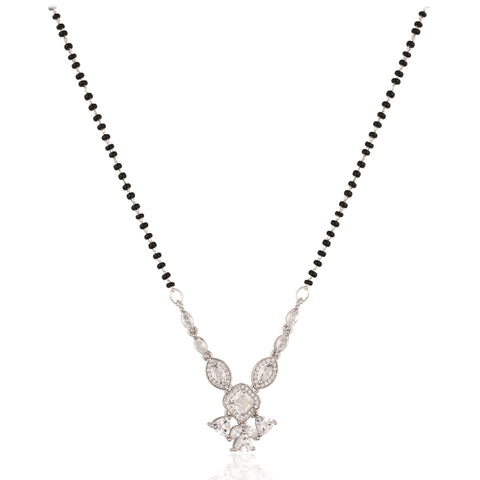 Silver Plated American Diamond CZ Long Drop Mangalsutra Set With Earring and Chain
