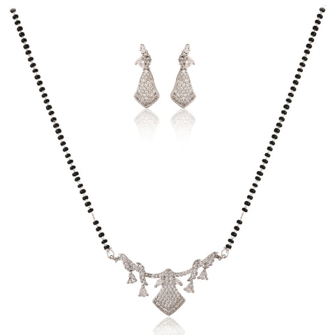 Silver Plated American Diamond CZ Baguette Drop Mangalsutra Set With Earring and Chain