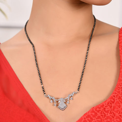 Silver Plated American Diamond CZ Baguette Drop Mangalsutra Set With Earring and Chain