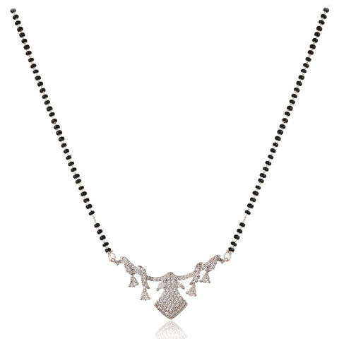 Silver Plated American Diamond CZ Baguette Drop Mangalsutra Set With Earring and Chain