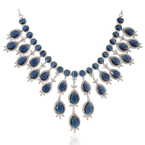 Silver Plated Blue American Diamond CZ Heavy Wedding Necklace Set With Earring