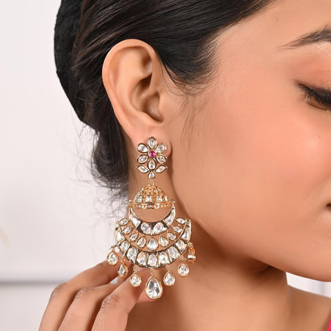 Stunning Real Kundan ChandBali Drop Floral Earrings for Women