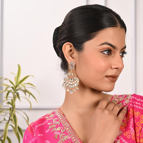 Stunning Real Kundan ChandBali Drop Floral Earrings for Women