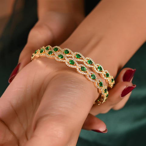 Gold Plated Round CZ Green Red White American Diamond Sleek Pear Bangle