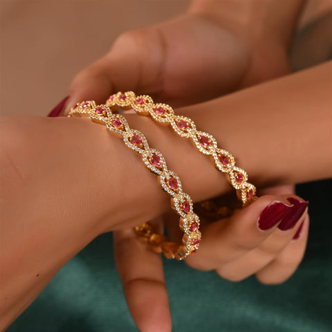Gold Plated Round CZ Green Red White American Diamond Sleek Pear Bangle