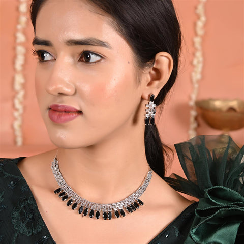Silver Plated Pink Green Black American Diamond CZ Wedding Necklace Set With Earring