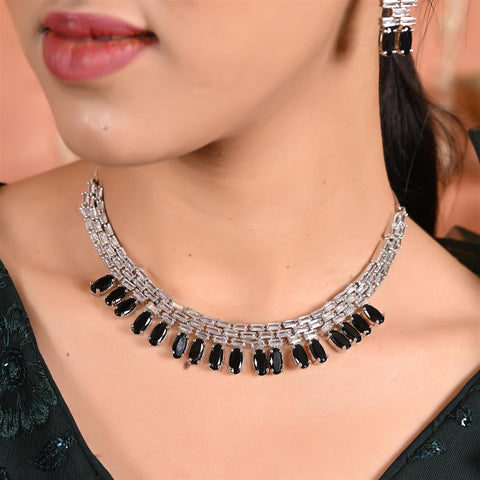 Silver Plated Pink Green Black American Diamond CZ Wedding Necklace Set With Earring