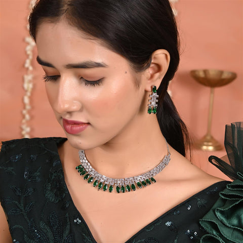 Silver Plated Pink Green Black American Diamond CZ Wedding Necklace Set With Earring