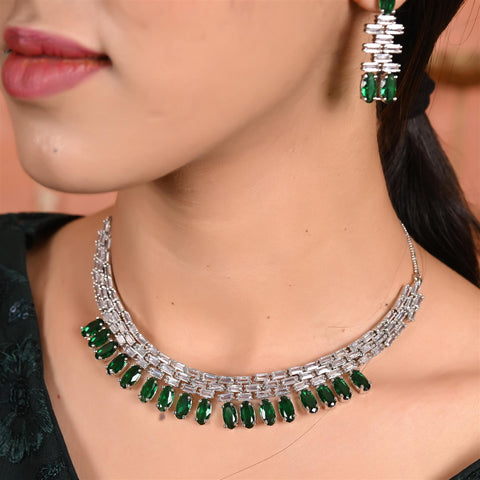 Silver Plated Pink Green Black American Diamond CZ Wedding Necklace Set With Earring