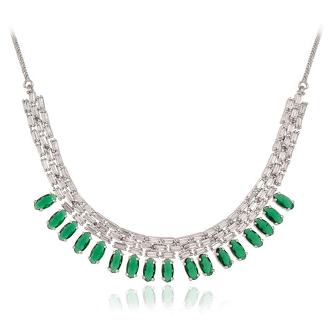 Silver Plated Pink Green Black American Diamond CZ Wedding Necklace Set With Earring