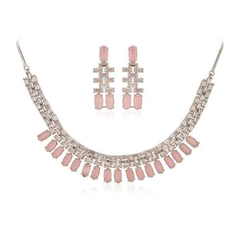 Silver Plated Pink Green Black American Diamond CZ Wedding Necklace Set With Earring