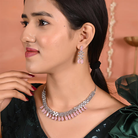Silver Plated Pink Green Black American Diamond CZ Wedding Necklace Set With Earring