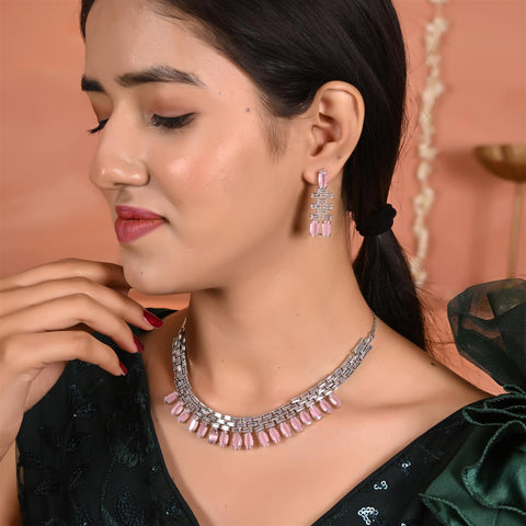 Silver Plated Pink Green Black American Diamond CZ Wedding Necklace Set With Earring