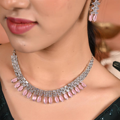 Silver Plated Pink Green Black American Diamond CZ Wedding Necklace Set With Earring