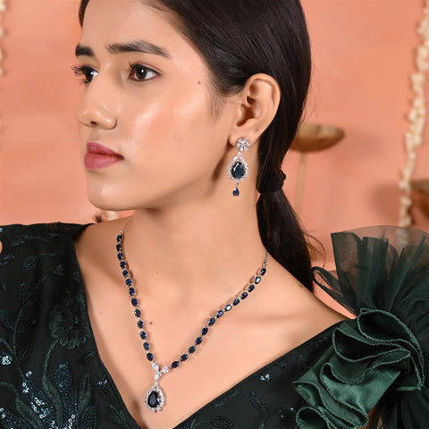 Silver Plated Blue Green Pink Red American Diamond CZ Wedding Necklace Set With Earring