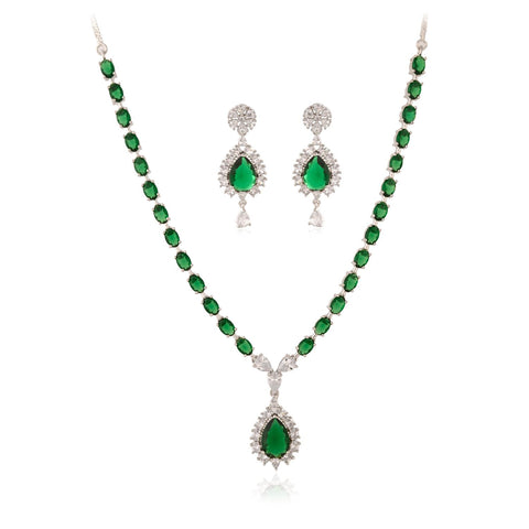 Silver Plated Blue Green Pink Red American Diamond CZ Wedding Necklace Set With Earring