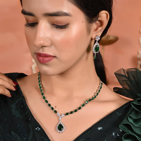 Silver Plated Blue Green Pink Red American Diamond CZ Wedding Necklace Set With Earring