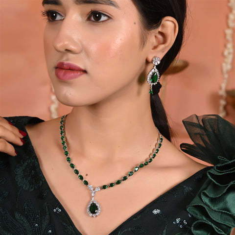 Silver Plated Blue Green Pink Red American Diamond CZ Wedding Necklace Set With Earring