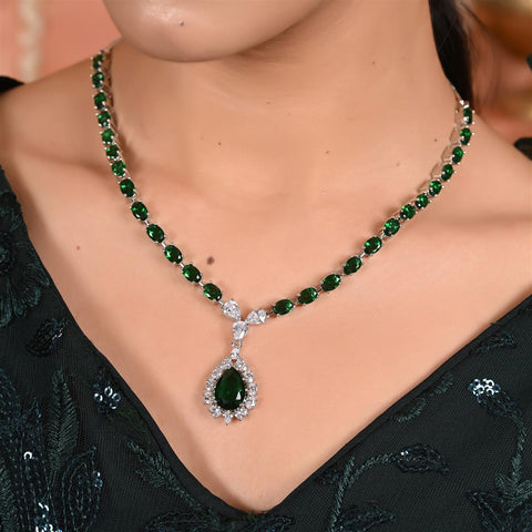Silver Plated Blue Green Pink Red American Diamond CZ Wedding Necklace Set With Earring
