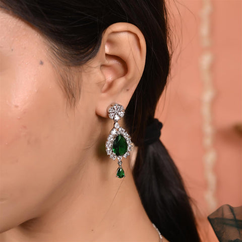 Silver Plated Blue Green Pink Red American Diamond CZ Wedding Necklace Set With Earring