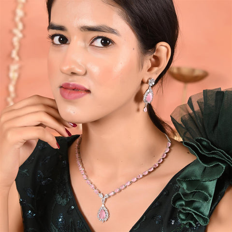 Silver Plated Blue Green Pink Red American Diamond CZ Wedding Necklace Set With Earring