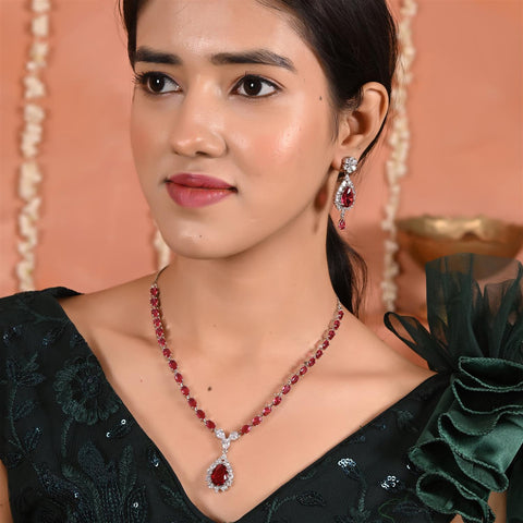 Silver Plated Blue Green Pink Red American Diamond CZ Wedding Necklace Set With Earring