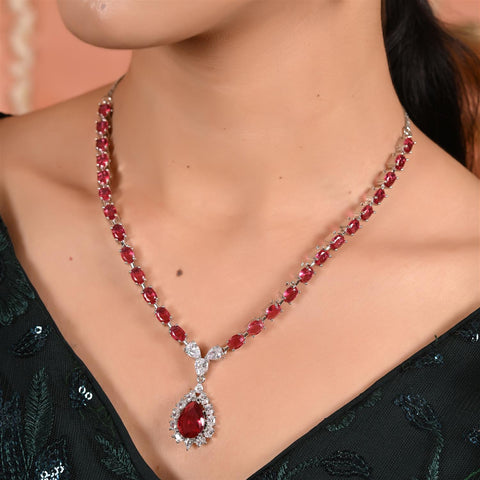 Silver Plated Blue Green Pink Red American Diamond CZ Wedding Necklace Set With Earring