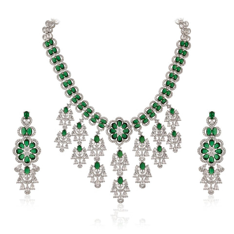 Silver Plated Green Red American Diamond CZ Wedding Heavy Necklace Set With Earring