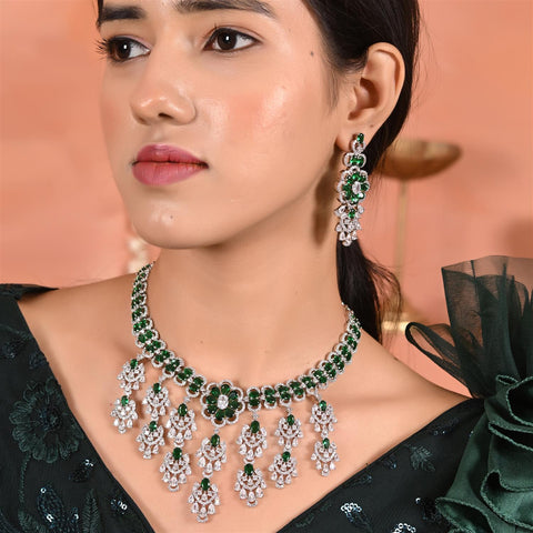 Silver Plated Green Red American Diamond CZ Wedding Heavy Necklace Set With Earring